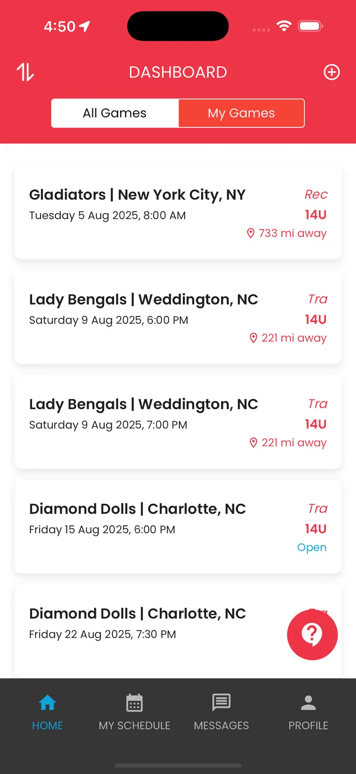 Scrimmage Games dashboard listing nearby 14U games with distance and level