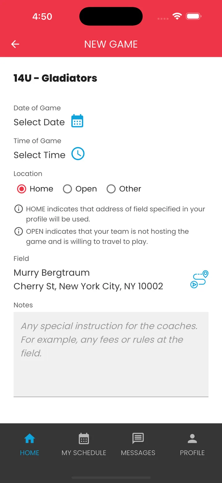 New Game form with date, time and Home, Open or Other location