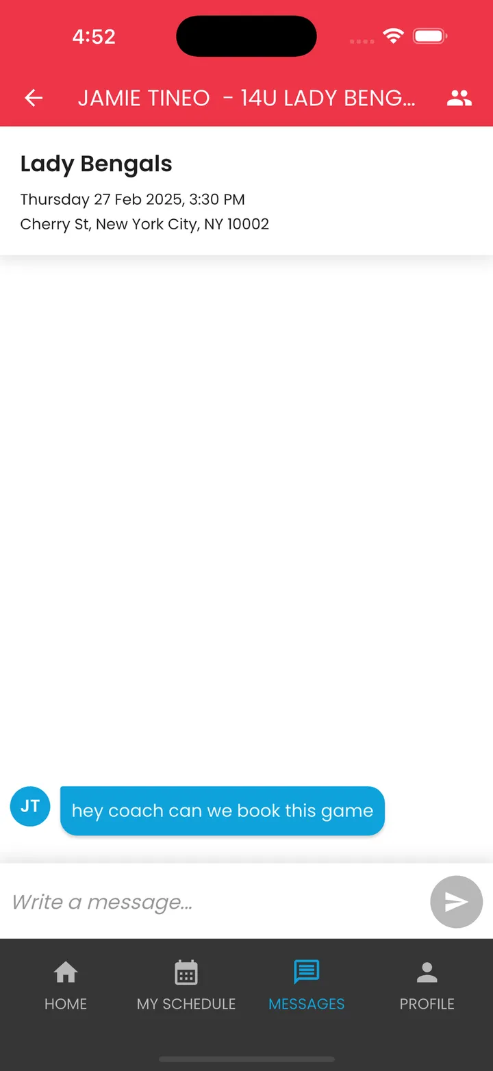 Chat thread between two coaches booking a game